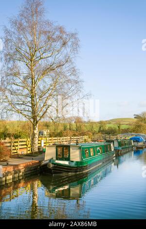 Un tranquillo paesaggio soleggiato in gennaio che mostra il canale Kennet e Avon e le barche strette ormeggiate a Honeystreet nella Valle di Pewsey nel Wiltshire e Foto Stock