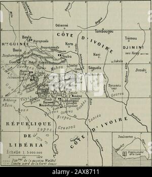 Annales de gÃ©ograpie . ation, dorigine malinkÃ©, est mi-parlie musulmane et mi-partie fÃ©tichiste; dans la zone orientale, le Djimini, la race et la langues CÃ©nofos; quelques marabouts lisent pÃ©niblement larabe. Les 1. Cfr Cil. Van Gassel, la liaule CÃ´te d'Avorio occidentale (fie/?.s. col. Et Doc.ComitÃ© Afr. FR., XI, 1901, pag. 100-109, 1 lim. Carte). Â Idem, la Haute CÃ´te dIvoireoccidentale - Boll Soc. GÃ©og. Lione, XVII, 1902, pag. G32-643). LA HAUTE COTE DIVOIRE OCCIDENTALE. 147 divisioni trois politiques sont : le village, le canton et la provincia.Nous avons respectÃ© les mÅurs et les Foto Stock