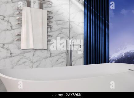 3d rendering di bagno moderno con vista sulle montagne Foto Stock