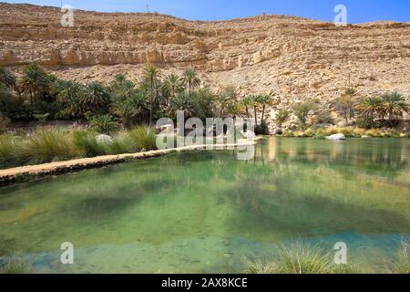 Sultanato dell'Oman, regione di Sharqiya, Muqal, Wadi Bani Khalid, lago d'acqua dolce Foto Stock