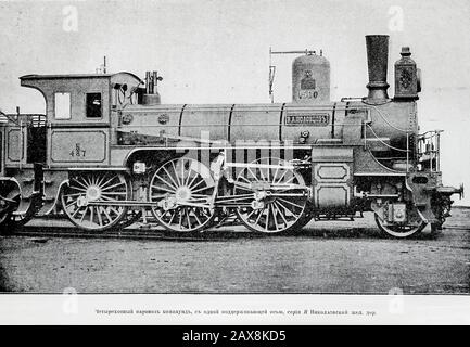 Locomotiva a vapore a tre assi con un asse di supporto della ferrovia Nikolaev. Incisione del 19th secolo. Foto Stock