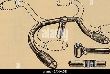 Revisione del commercio delle ruote e dei cicloturistici . ry,ogni parte è intercambiabile e di misura trueto. Gli assi, i manicotti, i coni e i capsulare sono tagliati da barre di acciaio speciale, e iltelaio e i bracci di acciaio laminato a freddo. Un ottavo pollice sfere della migliore qualità sono useddappertutto. Una JIG.As MIGLIORATA una parte quasi abbinata della loro ra-dial trapano flessibile la Stow ManufacturingCompany, Binghamton, N. Y., hanno producedand sono commercializzazione di una maschera migliorata che willhold qualsiasi dimensione di telaio, goccia o dia-mond, da ventidue a venti-eightinches. Con il trapano Stow e il caposquadra della maschera ha perforato e bloccato ni Foto Stock