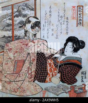 Donna con gatto sul tavolo 1832 di Utagawa Kuniyoshi 歌川 國芳 (1792-1861) (dalla serie Elegant Women per il romanzo di Suikoden). Foto Stock