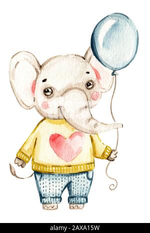 Acquerello vivaio elefante carino con palloncino dipinto a mano acquerello childish illustrazione. Bambino elefante ragazzo. Può essere utilizzato per la stampa di t-shirt, bambini w Foto Stock