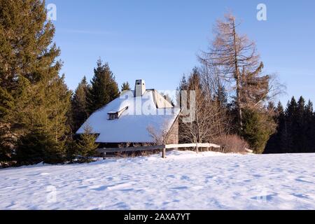 Tetto innevato di tradizionale casa rustica montagna in legno con camino sul bordo del legno in inverno giorno di sole. Foresta Nera, Germania. Foto Stock