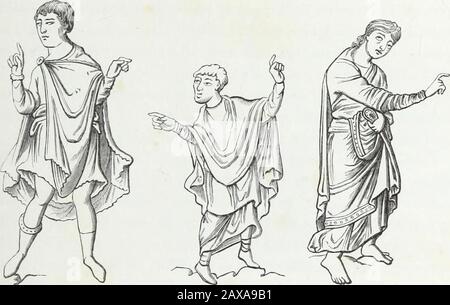 MÅurs, usanze et costumi au moyen aÌge et aÌ l'eÌpoque de la Renaissance . ¹ les rois dÃ©un'imposant di aste. Le trichorum, ou salle Ã manger, Ã©tait ordinairement la piÃ¨ce la plusvaste du palais; deux rangs de colonnes la divisaient en trois parties : lunepour la famille royale, lautre pour les officiers de la maison, et la troisiÃ¨me,enfin, pour les hÃ´tes, qui Ã©taaient tourjours fort nombreux. Tout personnagenotable qui rendait visite au roi ne pouvait sÃ©loigner sans sasseoir Ã sa vie PRIVÃE. 65 tavolo, ou tout au moins sans vider une coupé Ã sa santÃ©. LhospitalitÃ© du roiÃ©tait, Foto Stock