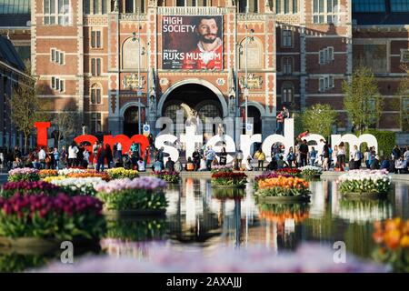 Scenario Museumplein con tulipani in fiore di fronte al Rijksmuseum e al cartello di Amsterdam, Amsterdam, Paesi Bassi Foto Stock
