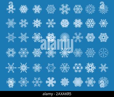 Set di diversi fiocchi di neve bianca su uno sfondo blu Di diversi fiocchi di neve bianca su uno sfondo blu Foto Stock