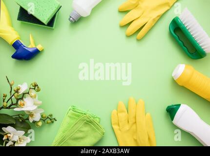 Pulizia domestica eco sfondo primavera. Prodotti per la pulizia a fondo piatto, flaconi detergenti chimici e fiori freschi su fondo verde, Foto Stock