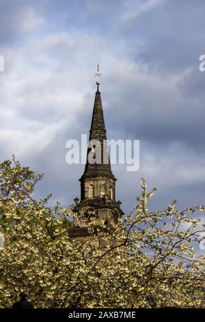 Lo Steeple della Chiesa di St Johns a Edinburg, visto dai Giardini di Princess Street circondati da fiori bianchi con uno sfondo tempestoso e torbido Foto Stock