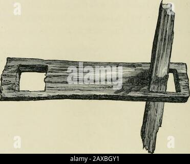 Antiche abitazioni o crangi scozzesi : con un capitolo supplementare sui resti di abitazioni lacustri in Inghilterra . Fig. 35.- Disposizione di Travi Mortised a nord-est corner.1 abbiamo iniziato a scavare alcuni piedi a ovest del centro del tumulo, e presto ha eliminato una trincea da 3 to4 piedi di profondità, circa un paio di metri di largo, e directedquasi dovuto nord e sud. A circa 25 piedi dalla trincea esterna, misurando verso nord, e 53 piedi in direzione opposta, siamo arrivati sul bordo sud di una pavimentazione liscia costruita ordinatamente di pietre piatte. A giudicare dalle ceneri, 1 Prima di questo schizzo era Foto Stock