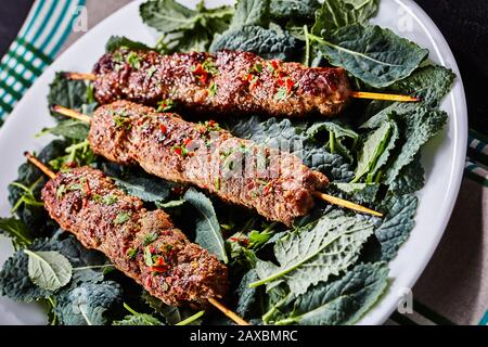 Agnello alla griglia kebab kofta su spiedini di legno su un letto di foglie di kale fresco servito su un piatto bianco con un tovagliolo, primo piano Foto Stock