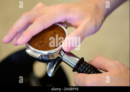 Mani del barista che tiene il portafiltro riempito di caffè macinato per prepararlo alla preparazione della macchina Foto Stock