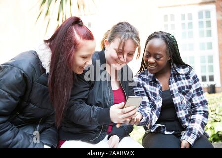 Giovani donne amici utilizzando smart phone Foto Stock