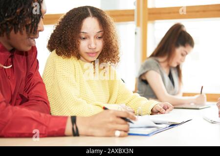 Studenti universitari concentrati che studiano insieme in classe Foto Stock