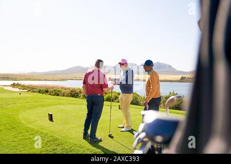 Golfisti maschi che parlano al tee box sul soleggiato campo da golf Foto Stock