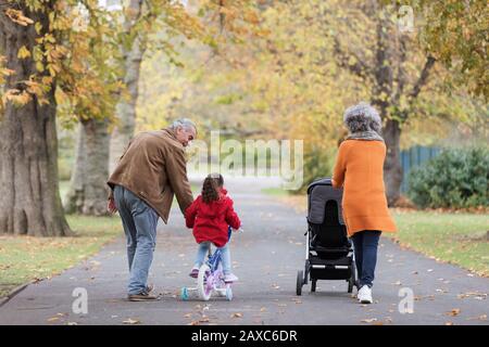 Nonni con nipoti nel parco autunnale Foto Stock