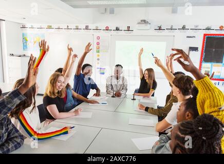 Gli studenti delle scuole superiori con le mani sollevate nella classe di discussione Foto Stock