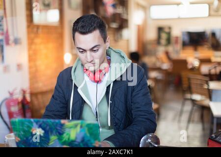 Giovane studente universitario maschile concentrato che studia al laptop nella finestra del caffè Foto Stock