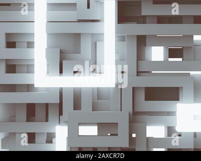 Illustrazione 3d astratta sfondo fatto di elementi geometrici, cubi, caselle con oggetti chiari, rendering 3d Foto Stock