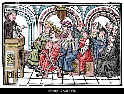 Sancho porta (m. 1429) predicando davanti ai re d'Aragona. 'Sermons fativitatus ...'. Illustrator: Joannis Joffre, Valencia 1512. Foto Stock