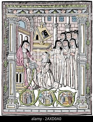 Abbessa di Isabel de Villena (1430-1490) consegnando la sua opera vita Christi (Christ Life) alle sue Clarises monache, Valencia, Spagna. 1513 Foto Stock