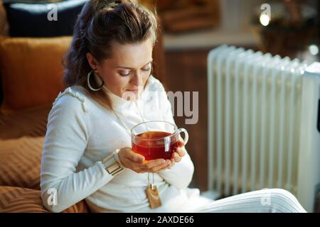 giovane donna in maglione bianco e gonna nella casa moderna nella soleggiata giornata invernale seduto vicino al divano vicino al radiatore di olio elettrico bianco e tazza da bere di Foto Stock