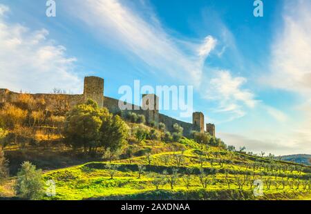 Monteriggioni borgo medievale fortificato e olivi, percorso della via francigena, Siena, Toscana. Italia Europa. Foto Stock