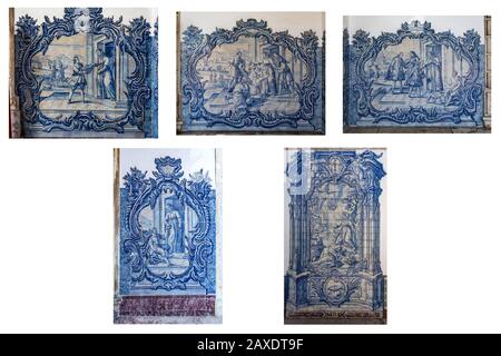 Particolare di alcuni pannelli di piastrelle del Convento di Sao Pedro de Alcantara raffigurante la carità monastica francescana del 18th secolo, a Lisbona, Portuga Foto Stock