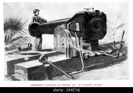 1861 , FIRENZE, ITALIA : il Palazzo DELL'ESPOSIZIONE NAZIONALE a FIRENZE , il CANNONE CAVALLI (oggi STAZIONE LEOPOLDA ) - EXPO - ITALIA - FOTO STORICHE - STORIA - PALAZZO DELL'ESPOSIZIONE ITALIANA - INCISIONE - INCISIONE - GEOGRAFIA - GEOGRAFIA - FOTO STORICHE - STORIA - STORIA - UNITA' D'ITALIA - RISORGIMENTO - ARMI - ARMA - CANNONE - CANNONE - ARMAMENTO © ARCHIVIO GBB / Foto Stock