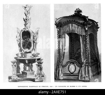 1861 , FIRENZE, ITALIA : il Palazzo DELL'ESPOSIZIONE NAZIONALE a FIRENZE , un letto e un tavolo in marmo (Oggi STAZIONE LEOPOLDA )- EXPO - ITALIA - FOTO STORICHE - STORIA - PALAZZO DELL'ESPOSIZIONE ITALIANA - incisione - INCISIONE - GEOGRAFIA - GEOGRAFIA - FOTO STORICHE - STORIA - STORIA - STORIA - UNITA' D'ITALIA - RISORGIMENTO - arredamento - DECORAZIONE - letto a baldachino - tavolo petineuse toilette © Archivio GBB / Foto Stock