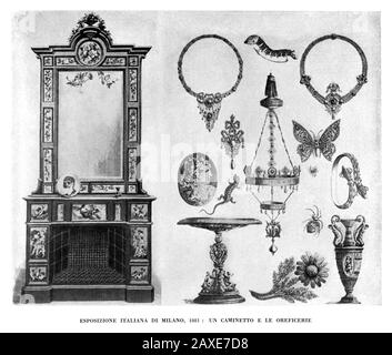 1861 , FIRENZE, ITALIA : il Palazzo DELL'ESPOSIZIONE NAZIONALE a FIRENZE , un Caminetto e gioielli (OGGI STAZIONE LEOPOLDA )- EXPO - ITALIA - FOTO STORICHE - STORIA - PALAZZO DELL'ESPOSIZIONE ITALIANA - INCISIONE - INCISIONE - GEOGRAFIA - GEOGRAFIA - FOTO STORICHE - STORIA - STORIA - STORIA - UNITA' D'ITALIA - RISORGIMENTO - ARREDAMENTO - DECORAZIONE - GIOIELLERIA - GIOIELLI - GIOIELLI © ARCHIVIO GBB / Foto Stock