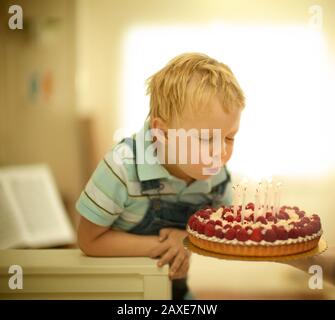 Ragazzo soffiando le candeline sulla sua torta di compleanno. Foto Stock