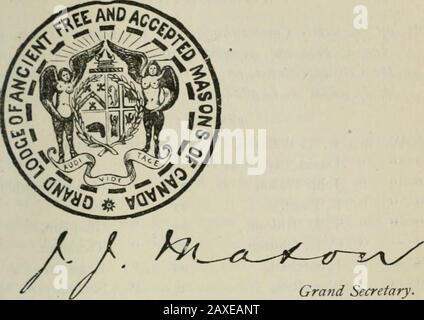 Atti: Gran Lodge di A.F& A.Mof Canada, 1888 . l'Ordine, che può il G. A. O. T. U. proteggere e prosperare mai. Bro Adorabile. Dr. F. Preston, a nome di St. JohnsLodge, poi presentato R. W. Bro. Taylor con una cazzuola d'argento su cui fu incisa la seguente iscrizione : Presentata a R. W. Bro. David Taylor, D. G. M., Ottawa DistrictNo. 16, A. F. e A. M. del Canada, da St. Johns Lodge, No. 63, Carleton Place, alla posa della pietra d'angolo del loro tempio massonico, 26th ottobre 1887. R. W. Bro. Taylor, avendo ricevuto il dono e ringraziato il BreFratelli per lo stesso Foto Stock