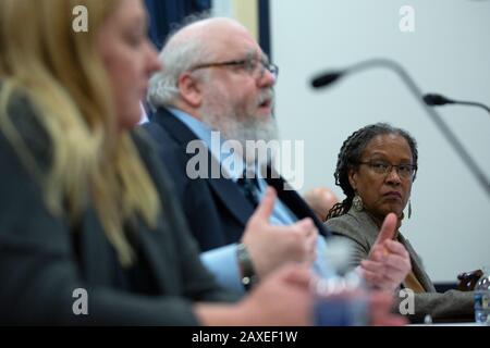 Lecia Brooks, Chief Workplace Transformation Officer presso il Southern Poverty Law Center, ascolta come il Dr. Mark Pitcavage, Senior Research Fellow presso il Center on Enestremismo, testimonia davanti al SubCommittee on Military Personnel presso il Campidoglio degli Stati Uniti a Washington, DC, Stati Uniti, martedì 11 febbraio 2020. Credito: Stefani Reynolds/CNP | utilizzo in tutto il mondo Foto Stock