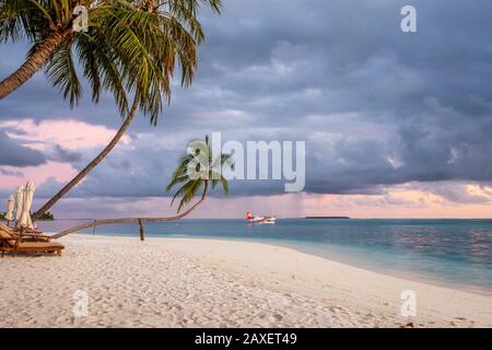 Un idrovolante, palme e cieli tempestosi su un'isola tropicale alle Maldive Foto Stock