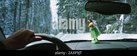 Primo piano di una persona che guida un'auto su una strada innevata, il Parco Nazionale di Yosemite, California, Stati Uniti Foto Stock