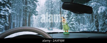 Primo piano della figurina di una ragazza hula sul cruscotto di una macchina in una foresta, Yosemite National Park, California, Stati Uniti Foto Stock