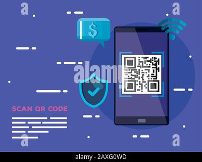 smartphone con codice di scansione qr e icone Illustrazione Vettoriale