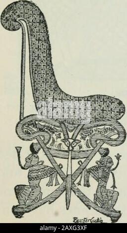 Manuale della archæology egiziana e guida allo studio delle antichità in EgyptPer l'uso di studenti e viaggiatori . overed dal sig. T. Davis nel 1903, vengono tre sedie affascinanti. I piedi dei leoni scolpiti sono molto simili a quelli dell'undicesima dinastia, ma le sedie sono dotate di braccia. Il dorso e i fianchi di una sedia sono in legno massiccio finemente scolpito e dorato. Davanti ai bracci sono presenti due Fig. 298.- sgabello Intarsiato, undicesima testa femmina, che io^-isy. Equilibrio i piedi leoni sotto. I lati delle sedie a sdraio sono scolpiti in disegni a lavoro aperto. La durezza dei sedili non era obvata Foto Stock