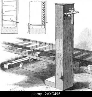 Volume americano scientifico 77 numero 05 (luglio 1897). Lway, in modo che le sfere sono usate in acircuit, ogni operazione della leva che solleva le columnof sfere un passo, e che scarica una sfera nella sfera-senso. Un fermo trattiene la colonna di sfere spostandosi indietro con la leva, e un dispositivo di arresto all'estremità superiore della camera di trattenimento impedisce che le sfere possano fuoriuscire troppo liberamente. Un segnale visivo disposto adiacente ad un ripiano sul quale può essere collocata una lampada o una lanterna di lan, e comprende un albero sul quale sono fissati un semaforo o un braccio di segnale e lastre porta-luce di vetro colorato, le s Foto Stock