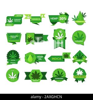 set marijuana foglie adesivi cbd olio etichetta canapa ganja cannabis weed distintivi industria farmaceutica medica business azienda logo raccolta piatto vettore illustrazione Illustrazione Vettoriale