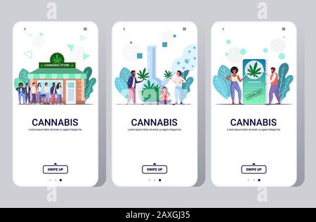 impostare le persone che usano marijuana cannabis consumo di droga concetto app mobile schermi raccolta a tutta lunghezza orizzontale copia spazio vettore illustrazione Illustrazione Vettoriale