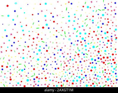 Esagoni colorati, stelle, linee di ovali. Confetti nuovo fluido di fondo. Astratto sfondo confetti. Illustrazione Vettoriale