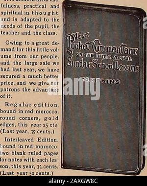 Gospel Messenger, Il (1901) . Huffman, Elkhart il taglio mostra solo una parte della bellezza del set di libri. I cinque che sono ora pronti sono Jos-ef il Righello, Samuel il Giudice, Davidthe King, Daniel il Fearless, Moses thethe leader, e il primo volume di Gesù theSalvatore. Sono artisticamente realizzati, combinando l'ele-gance e la bellezza ad un moderato eost. Youcannot fare una selezione migliore per un Christmaspresent. Il prezzo, postpagato, è di trentacinque centesimi ciascuno, o tre per si.00. Facciamo in MODO che il vostro ordine Fratelli Casa Editrice, il LBSSONS IN BREVE. Il Commento della Vest Pocket sulla scuola domenicale Foto Stock