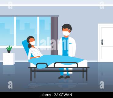 Coronavirus infettare il concetto di diagnosi di controllo medico con maschera esaminare la malattia paziente sdraiato in letto epidemia MERS-cov wuhan 2019-nCoV ospedale reparto interno orizzontale a tutta lunghezza immagine vettoriale Illustrazione Vettoriale