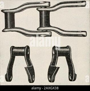 Legname, la sua fabbricazione e distribuzione . dth del tavolo a seconda delle lunghezze di tavola maneggiato. Le catene sono azionate da ruote dentate collegate ad un unico albero motore e posizionate 134 ATTREZZATURE PER LA MOVIMENTAZIONE DEL LEGNAME E IL TRASFERIMENTO all'estremità del tavolo accanto al trimmer. La potenza viene trasmessa dal driver al condotto dalle catene a rulli. Sui tavoli di assorting e in altri luoghi in cui il legname viene fatto cadere direttamente sul sistema di trasporto, come dal retro di un trimmer, le catene di conveying possono essere del tipo a maglia tonda, o del tipo a cinghia di collegamento, senza attacchi esterni. I cavi in acciaio con diametro di punta sono a volte noi Foto Stock