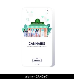 mix razza persone coda permanente per negozio di cannabis marijuana negozio biologico cbd prodotti erbaccia acquistare droga concetto di consumo app mobile full length copia spazio illustrazione vettoriale Illustrazione Vettoriale