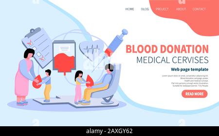 Concetto di donazione di sangue. Modello della landing page per Blood Bank o ospedale. Illustrazione del vettore piatto. Donatori di sangue piccolo personaggio persone concetto medico Illustrazione Vettoriale