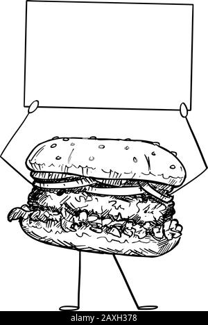 Illustrazione vettoriale di hamburger cartone animato o hamburger carattere che tiene segno vuoto nelle mani. Stile di vita sano e junk o fast food pubblicità o marketing design. Illustrazione Vettoriale